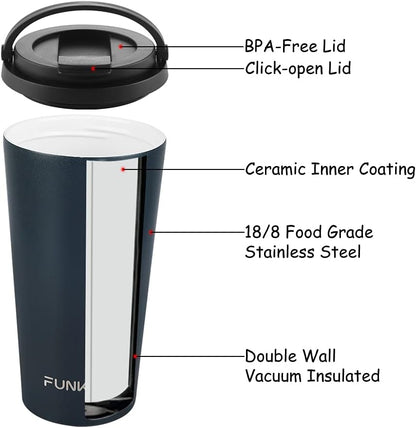 Insulated Coffee Mug with Ceramic Coating, 16oz Iced Coffee Tumbler Cup with Flip Lid and Handle, Double Wall Vacuum Leak-Proof Travel Mug for Office School Party Camping