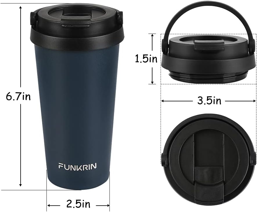 Insulated Coffee Mug with Ceramic Coating, 16oz Iced Coffee Tumbler Cup with Flip Lid and Handle, Double Wall Vacuum Leak-Proof Travel Mug for Office School Party Camping