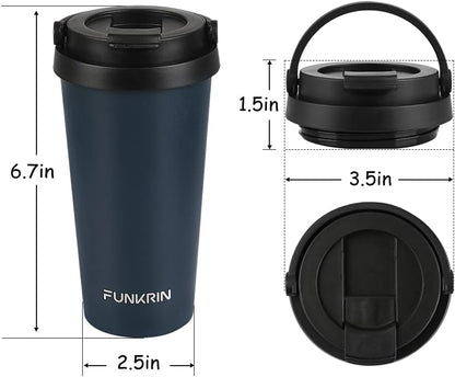 Insulated Coffee Mug with Ceramic Coating, 16oz Iced Coffee Tumbler Cup with Flip Lid and Handle, Double Wall Vacuum Leak-Proof Travel Mug for Office School Party Camping