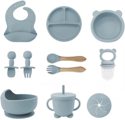 Silicone Baby Feeding Set – Pandaloo Collection, 11-Piece Baby-Led Weaning Set – Self-Feeding Kit for Babies & Toddlers – BPA-Free, Dishwasher Safe Feeding Essentials (Coastal Blue)