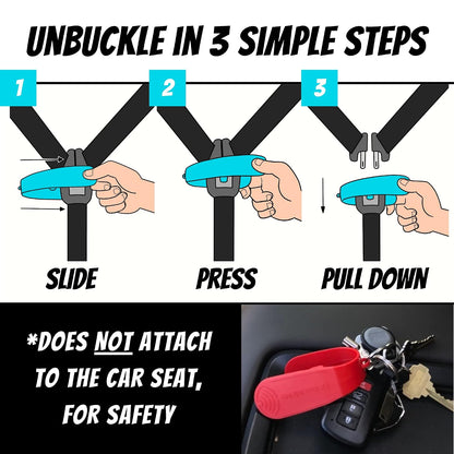 Car Seat Buckle Release Tool (As Seen on Shark Tank) - Easy Opener Aid for Arthritis, Long Nails, Older Kids - Button Pusher for Infant, Toddler, Convertible Car Seats (2 Pack, Blue & Red)