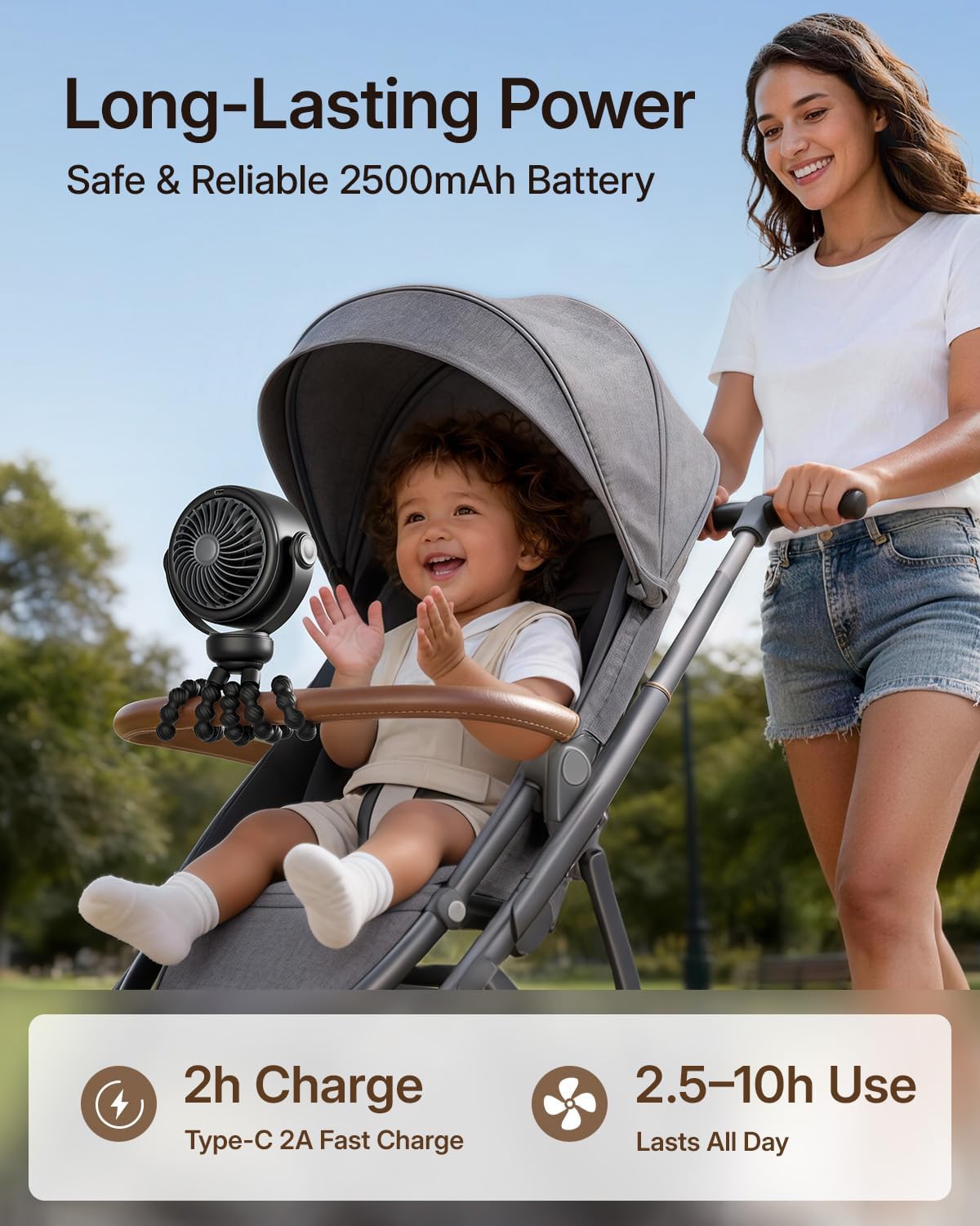 Portable Stroller Fan, Pinch-Proof Baby Fan - Cream