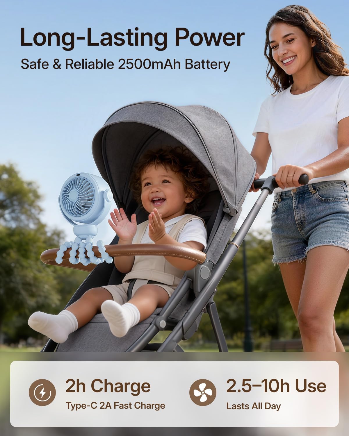 Portable Stroller Fan, Pinch-Proof Baby Fan - Cream