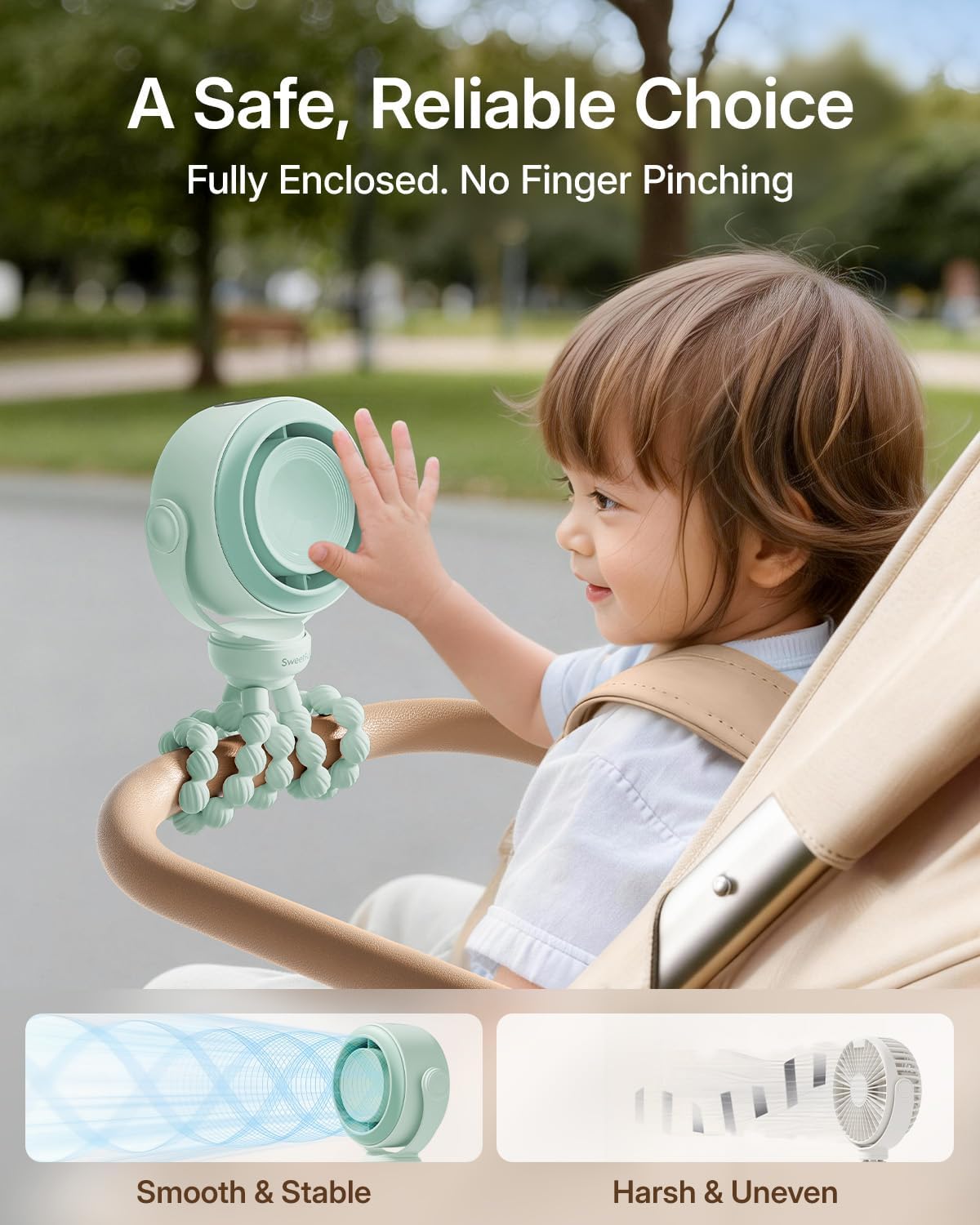 Portable Stroller Fan, Pinch-Proof Baby Fan - Cream