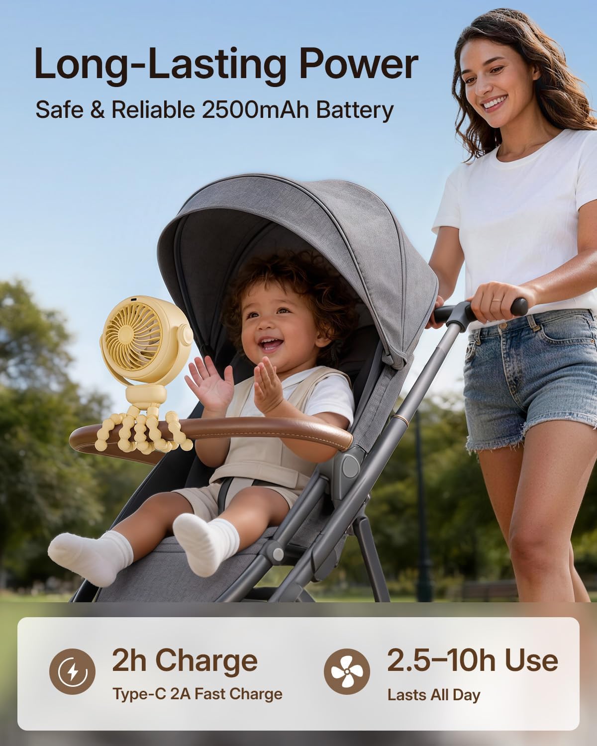 Portable Stroller Fan, Pinch-Proof Baby Fan - Cream