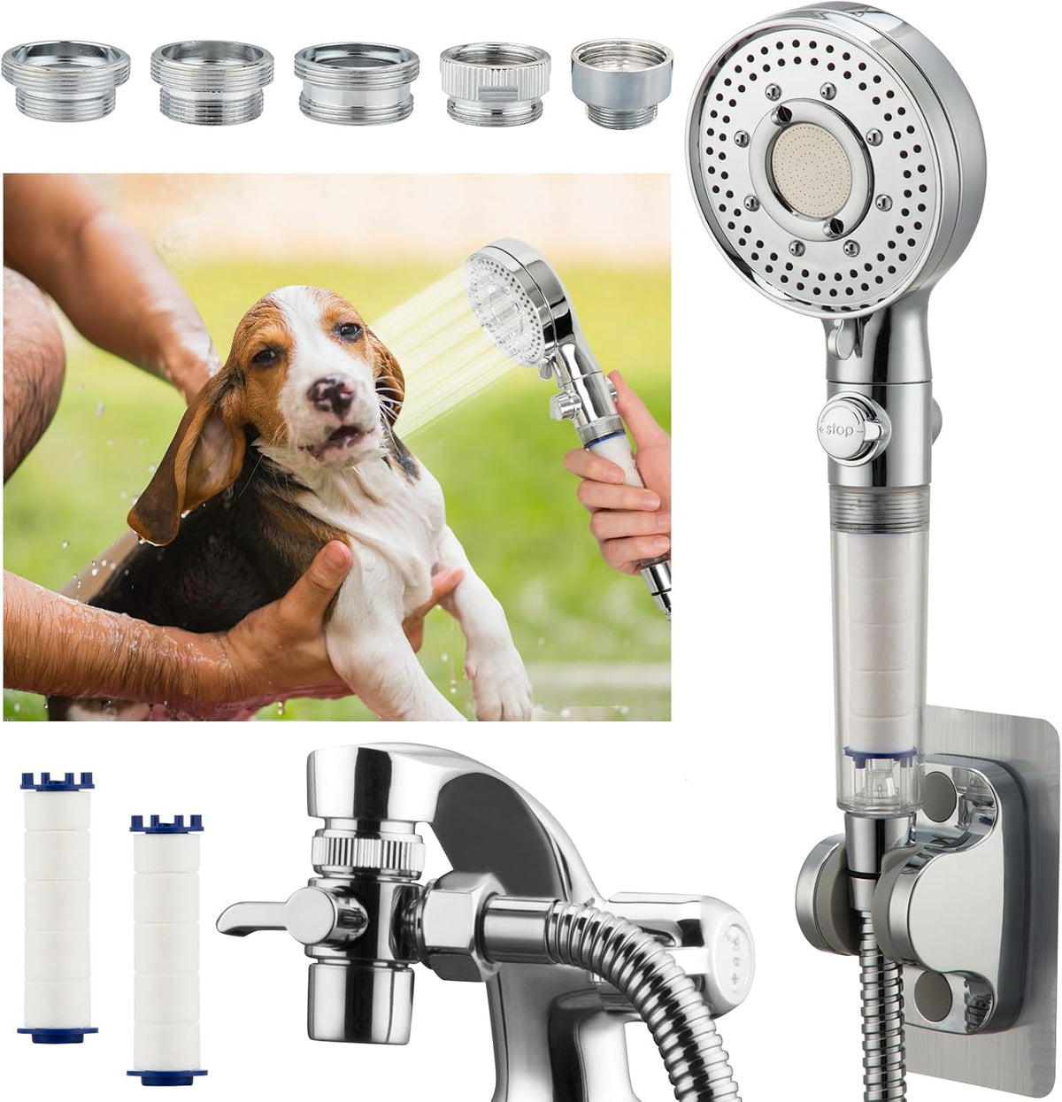 Filter Dog Shower-Attachment for Bathtub-Faucet - ON/OFF Shower Head Attaches to Tub Spout, Pet Wash Hose Sink Sprayer (5 Adapters), Bathroom Kitchen Tap Extension for Hair Washing & Baby Bath