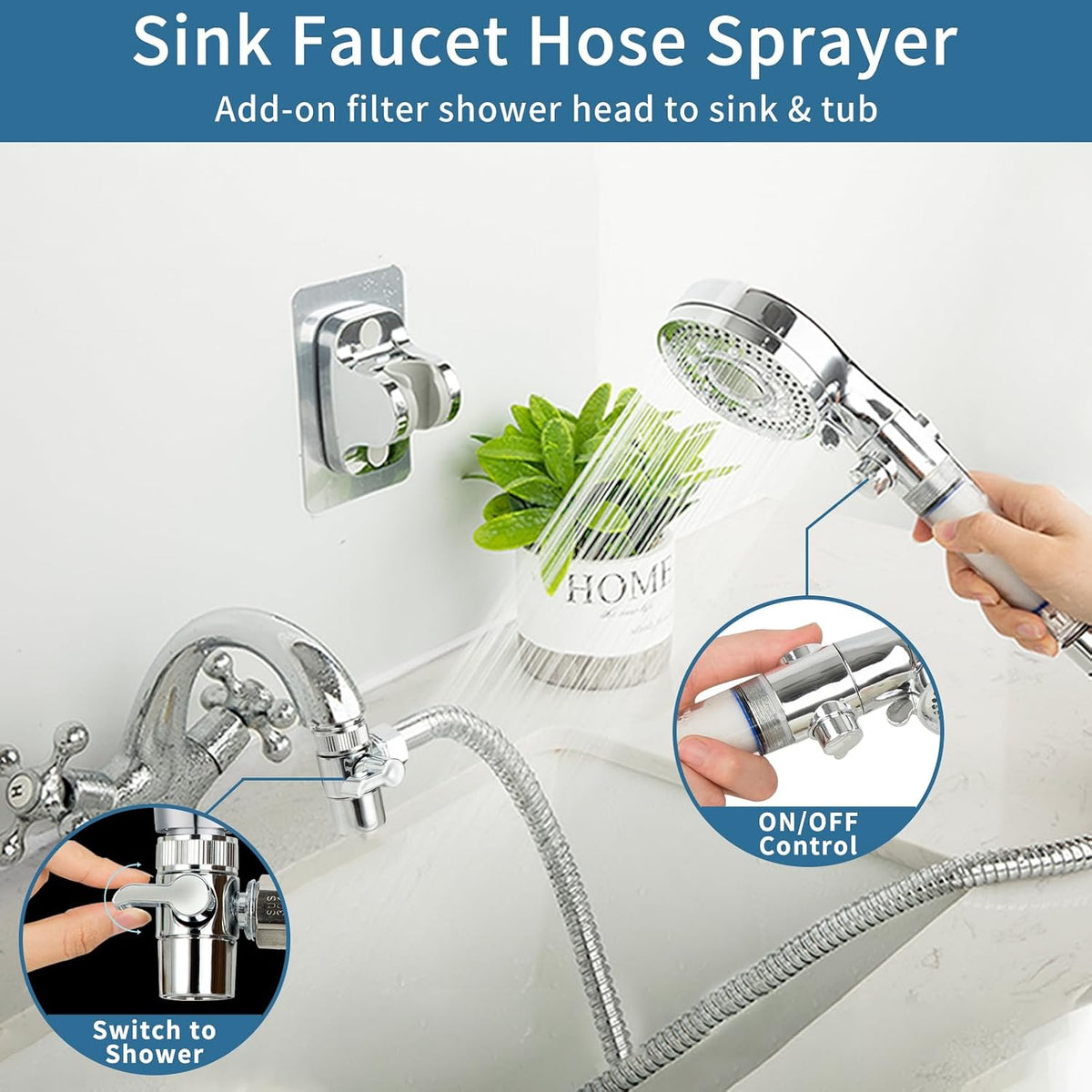 Filter Dog Shower-Attachment for Bathtub-Faucet - ON/OFF Shower Head Attaches to Tub Spout, Pet Wash Hose Sink Sprayer (5 Adapters), Bathroom Kitchen Tap Extension for Hair Washing & Baby Bath
