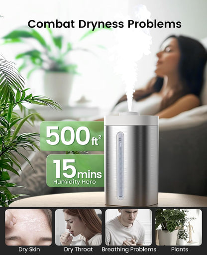 Stainless Steel Humidifier, Easy to Clean, Dishwasher Safe, Cool Mist Humidifiers for Bedroom