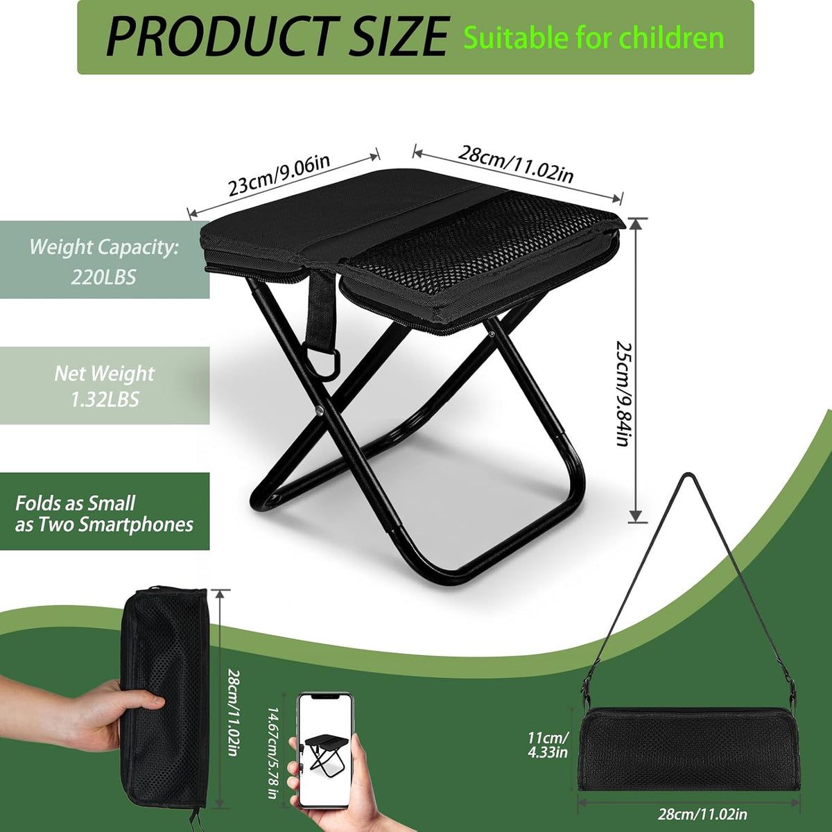Foldable Backpack Stool, Portable Stool & Pocket Chair for Camping Hiking, 220LBS Capacity Ultralight Collapsible Seat, Quick Setup for Fishing Travel Outdoor Activities(Black)