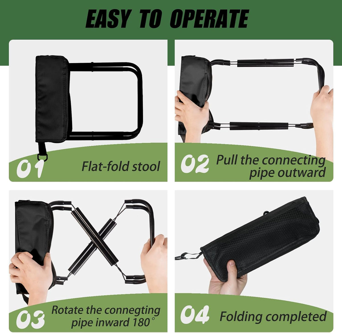 Foldable Backpack Stool, Portable Stool & Pocket Chair for Camping Hiking, 220LBS Capacity Ultralight Collapsible Seat, Quick Setup for Fishing Travel Outdoor Activities(Black)