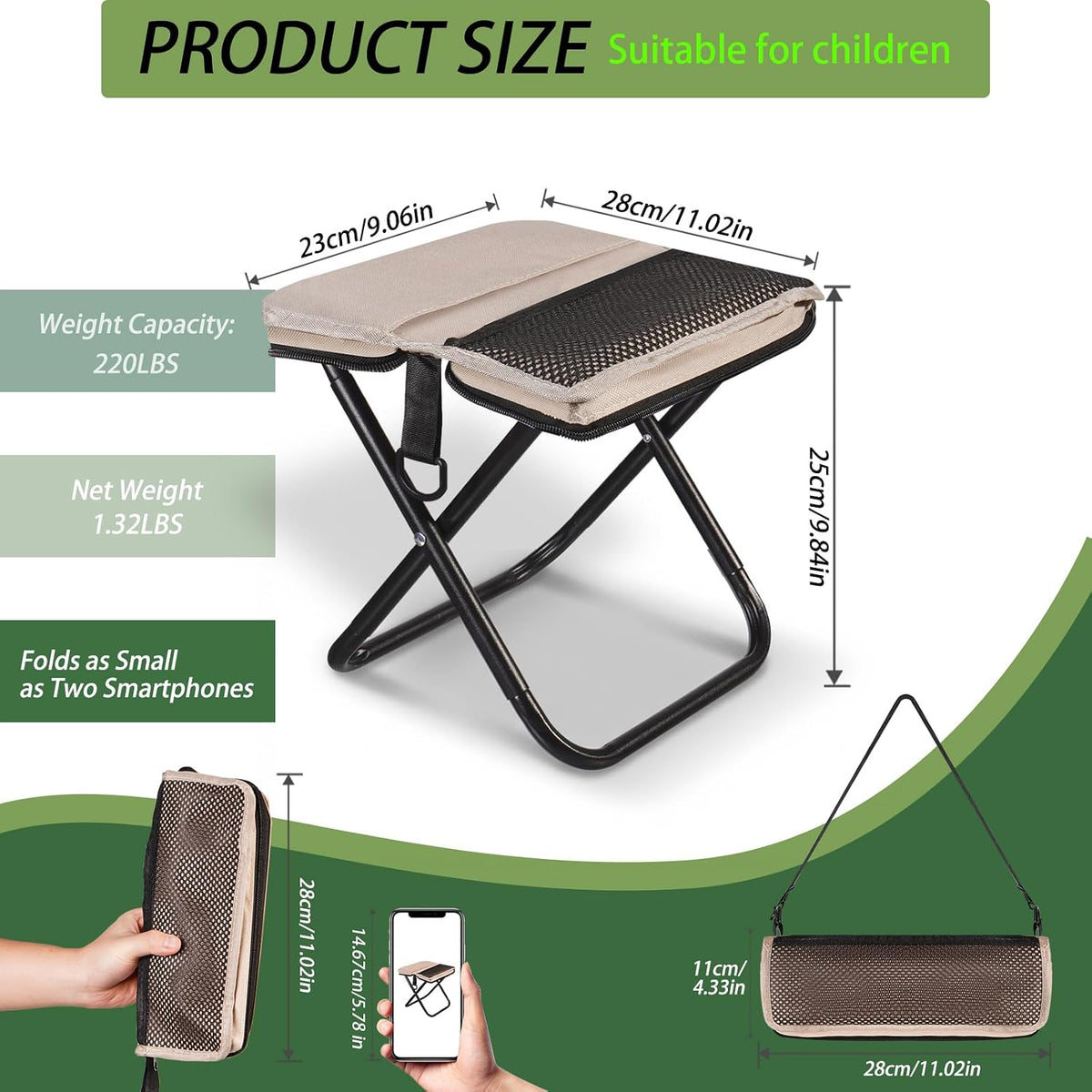 Foldable Backpack Stool, Portable Stool & Pocket Chair for Camping Hiking, 220LBS Capacity Ultralight Collapsible Seat, Quick Setup for Fishing Travel Outdoor Activities(Black)