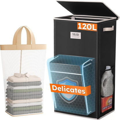 120L Large Laundry Hamper with Lid & Delicates Compartment, Clothes Hamper with Removable Liner Bag, Dirty Clothes Basket for Bedroom, Bathroom, Dorm, Apartment, Light beige