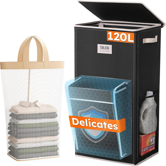 120L Large Laundry Hamper with Lid & Delicates Compartment, Clothes Hamper with Removable Liner Bag, Dirty Clothes Basket for Bedroom, Bathroom, Dorm, Apartment, Light beige