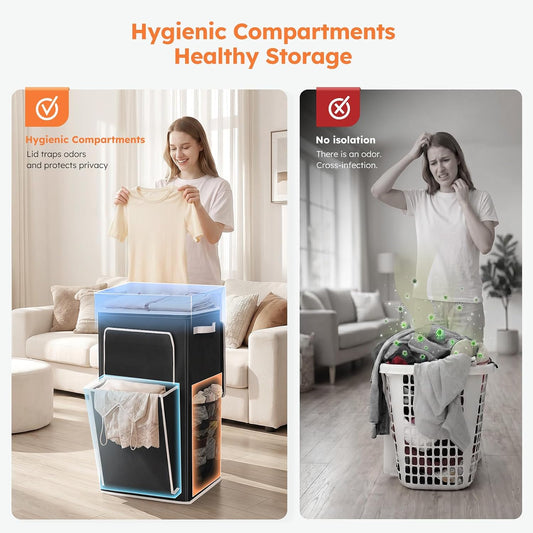 120L Large Laundry Hamper with Lid & Delicates Compartment, Clothes Hamper with Removable Liner Bag, Dirty Clothes Basket for Bedroom, Bathroom, Dorm, Apartment, Light beige