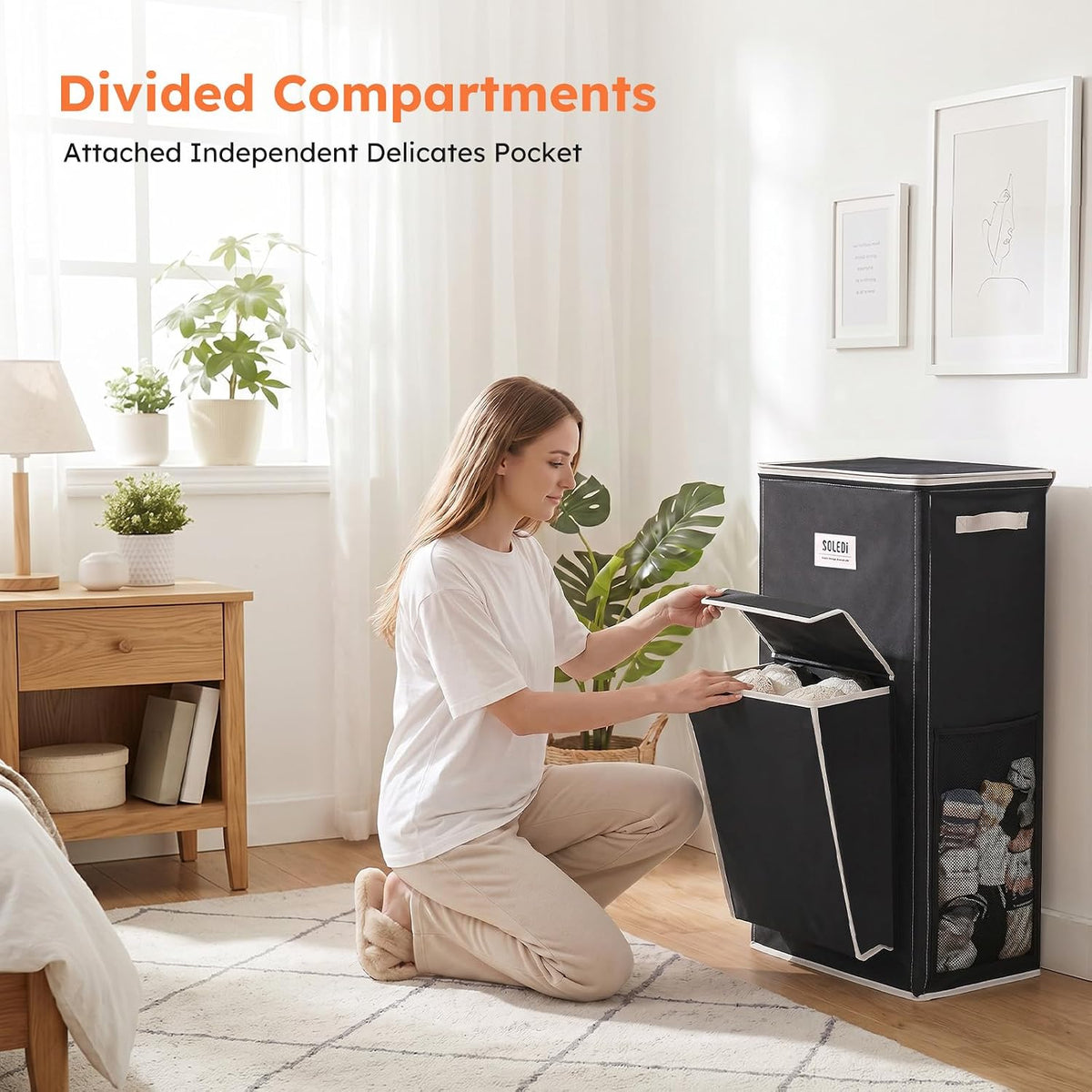 120L Large Laundry Hamper with Lid & Delicates Compartment, Clothes Hamper with Removable Liner Bag, Dirty Clothes Basket for Bedroom, Bathroom, Dorm, Apartment, Light beige