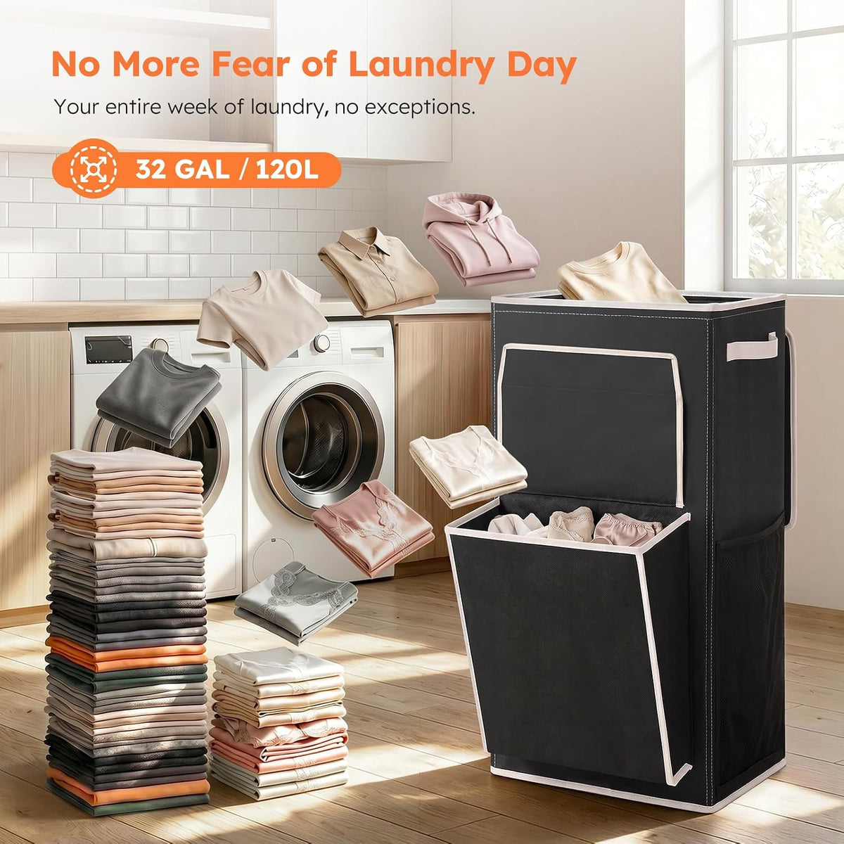 120L Large Laundry Hamper with Lid & Delicates Compartment, Clothes Hamper with Removable Liner Bag, Dirty Clothes Basket for Bedroom, Bathroom, Dorm, Apartment, Light beige