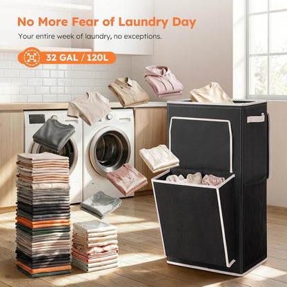120L Large Laundry Hamper with Lid & Delicates Compartment, Clothes Hamper with Removable Liner Bag, Dirty Clothes Basket for Bedroom, Bathroom, Dorm, Apartment, Light beige