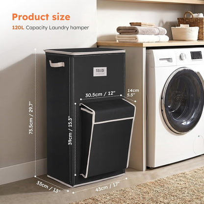 120L Large Laundry Hamper with Lid & Delicates Compartment, Clothes Hamper with Removable Liner Bag, Dirty Clothes Basket for Bedroom, Bathroom, Dorm, Apartment, Light beige