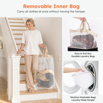 120L Large Laundry Hamper with Lid & Delicates Compartment, Clothes Hamper with Removable Liner Bag, Dirty Clothes Basket for Bedroom, Bathroom, Dorm, Apartment, Light beige