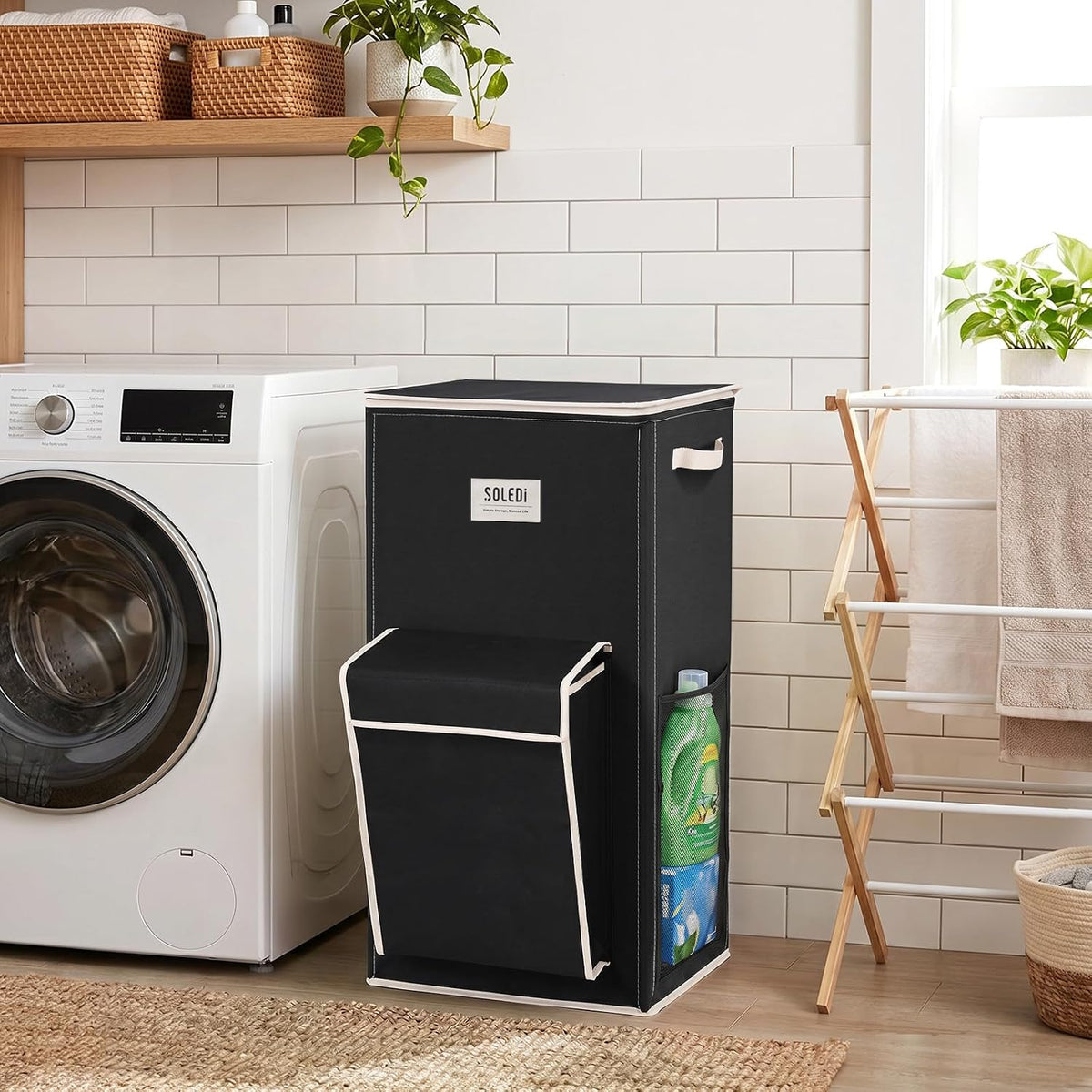 120L Large Laundry Hamper with Lid & Delicates Compartment, Clothes Hamper with Removable Liner Bag, Dirty Clothes Basket for Bedroom, Bathroom, Dorm, Apartment, Light beige