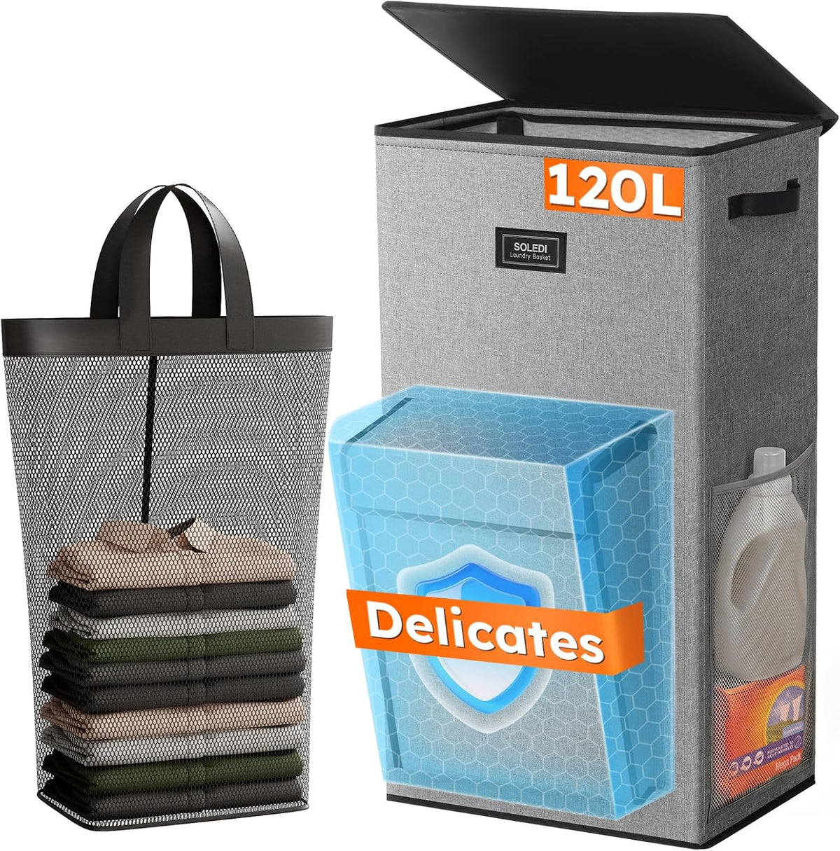 120L Large Laundry Hamper with Lid & Delicates Compartment, Clothes Hamper with Removable Liner Bag, Dirty Clothes Basket for Bedroom, Bathroom, Dorm, Apartment, Light beige