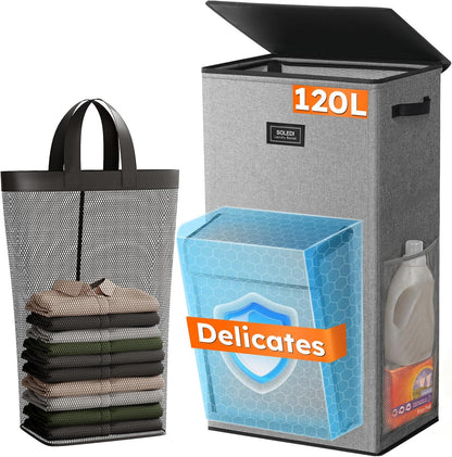 120L Large Laundry Hamper with Lid & Delicates Compartment, Clothes Hamper with Removable Liner Bag, Dirty Clothes Basket for Bedroom, Bathroom, Dorm, Apartment, Light beige