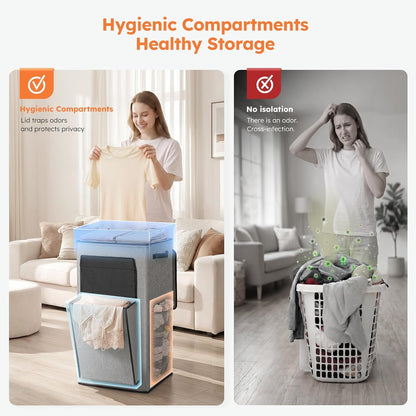 120L Large Laundry Hamper with Lid & Delicates Compartment, Clothes Hamper with Removable Liner Bag, Dirty Clothes Basket for Bedroom, Bathroom, Dorm, Apartment, Light beige