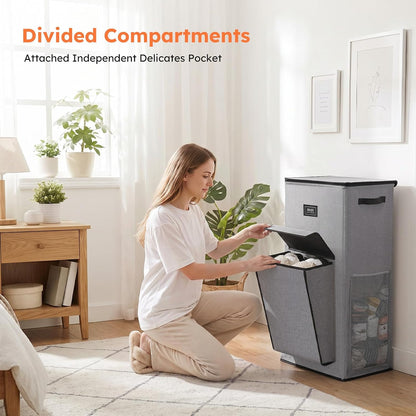 120L Large Laundry Hamper with Lid & Delicates Compartment, Clothes Hamper with Removable Liner Bag, Dirty Clothes Basket for Bedroom, Bathroom, Dorm, Apartment, Light beige