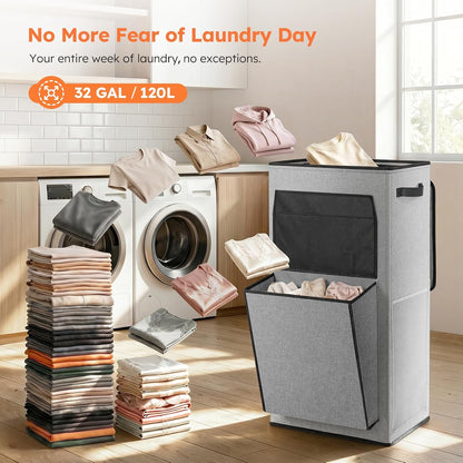 120L Large Laundry Hamper with Lid & Delicates Compartment, Clothes Hamper with Removable Liner Bag, Dirty Clothes Basket for Bedroom, Bathroom, Dorm, Apartment, Light beige