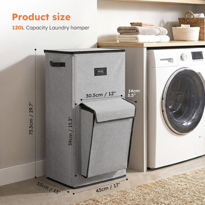 120L Large Laundry Hamper with Lid & Delicates Compartment, Clothes Hamper with Removable Liner Bag, Dirty Clothes Basket for Bedroom, Bathroom, Dorm, Apartment, Light beige