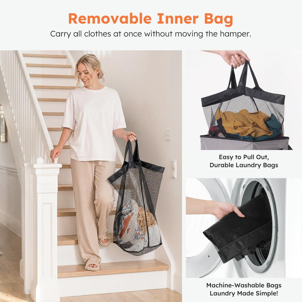 120L Large Laundry Hamper with Lid & Delicates Compartment, Clothes Hamper with Removable Liner Bag, Dirty Clothes Basket for Bedroom, Bathroom, Dorm, Apartment, Light beige