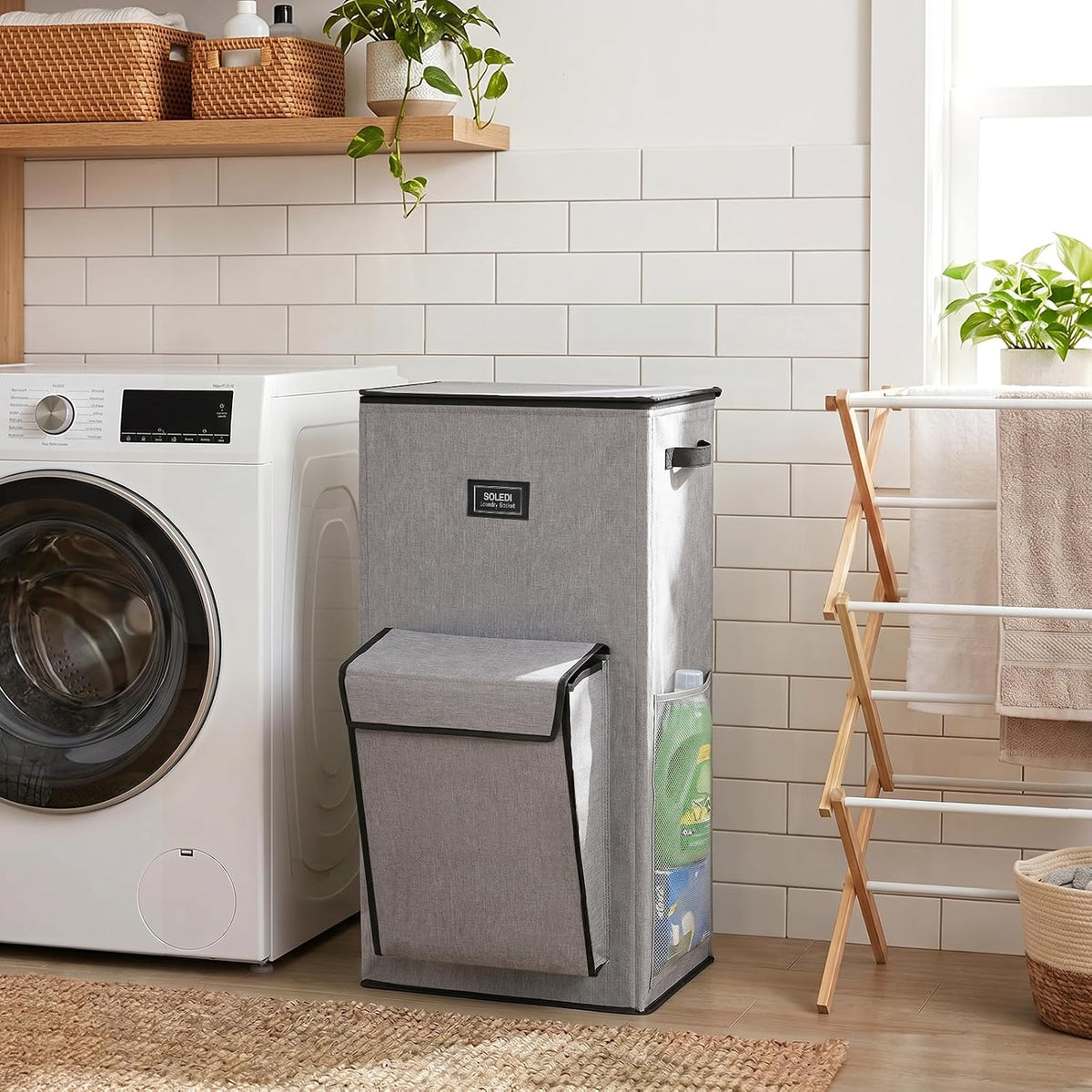 120L Large Laundry Hamper with Lid & Delicates Compartment, Clothes Hamper with Removable Liner Bag, Dirty Clothes Basket for Bedroom, Bathroom, Dorm, Apartment, Light beige