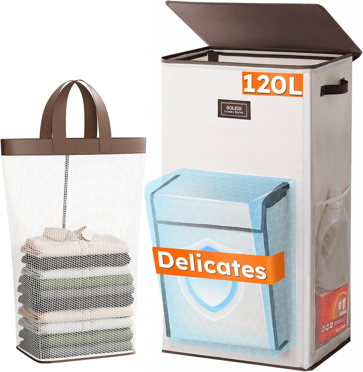 120L Large Laundry Hamper with Lid & Delicates Compartment, Clothes Hamper with Removable Liner Bag, Dirty Clothes Basket for Bedroom, Bathroom, Dorm, Apartment, Light beige