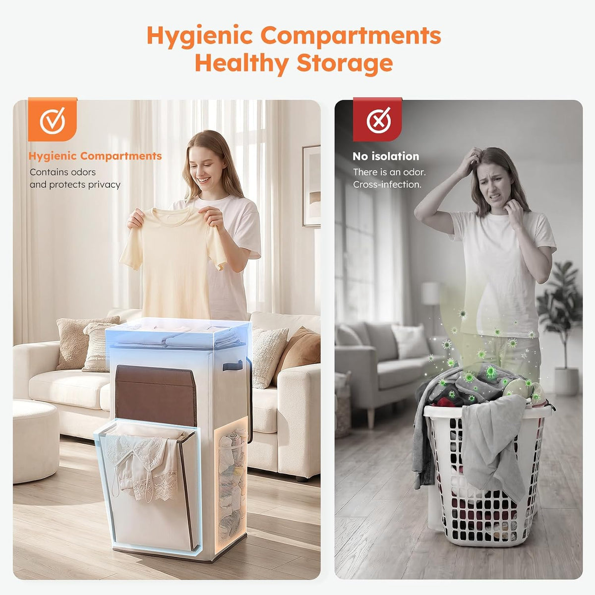 120L Large Laundry Hamper with Lid & Delicates Compartment, Clothes Hamper with Removable Liner Bag, Dirty Clothes Basket for Bedroom, Bathroom, Dorm, Apartment, Light beige