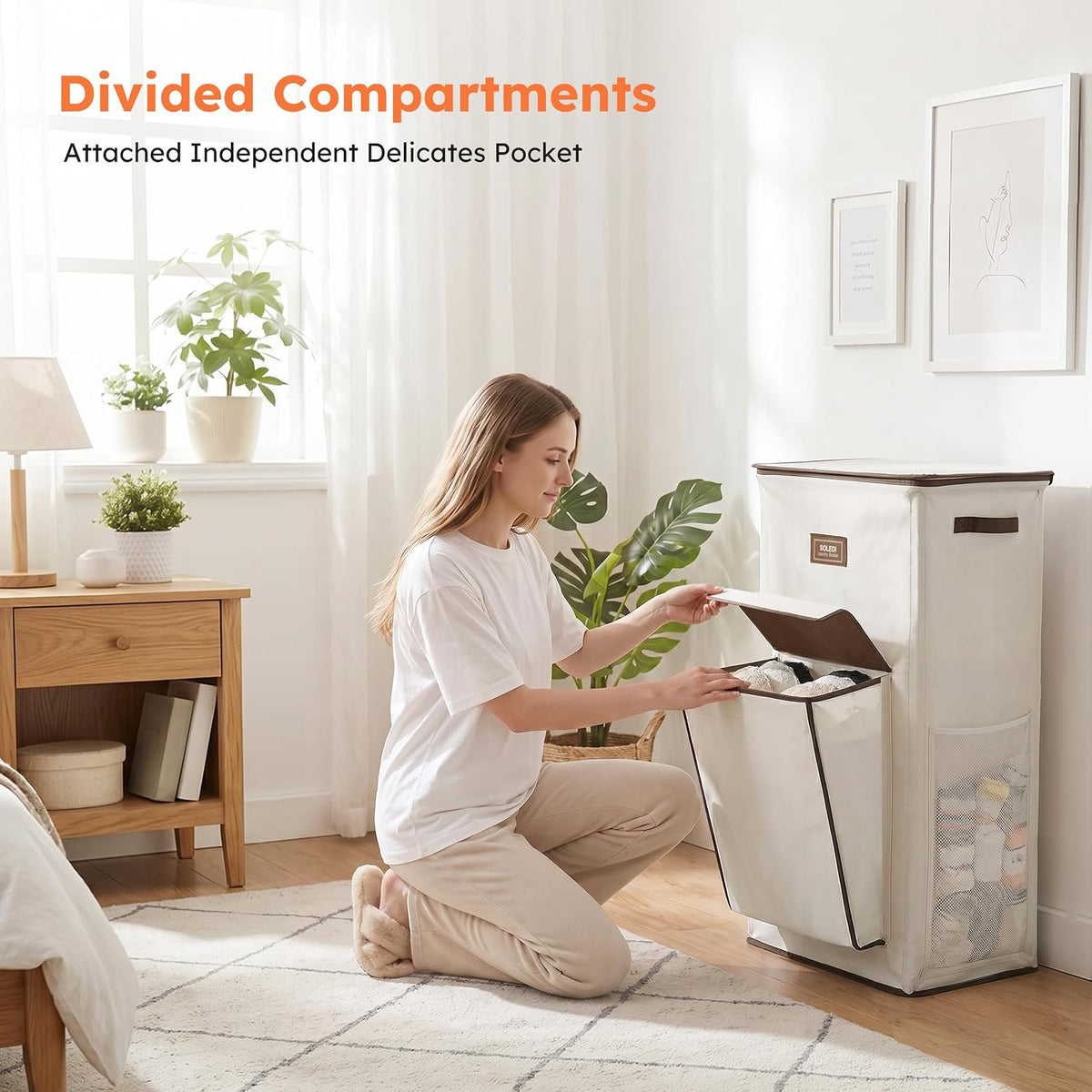 120L Large Laundry Hamper with Lid & Delicates Compartment, Clothes Hamper with Removable Liner Bag, Dirty Clothes Basket for Bedroom, Bathroom, Dorm, Apartment, Light beige