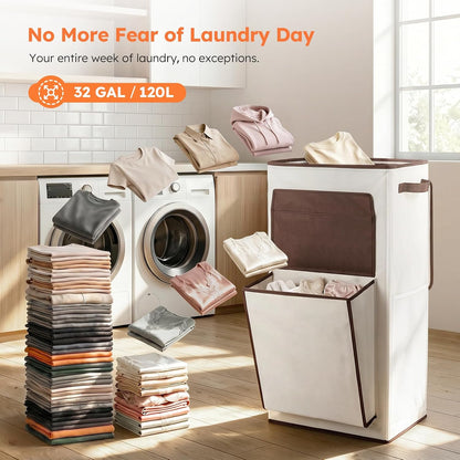 120L Large Laundry Hamper with Lid & Delicates Compartment, Clothes Hamper with Removable Liner Bag, Dirty Clothes Basket for Bedroom, Bathroom, Dorm, Apartment, Light beige