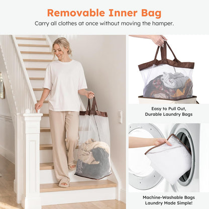 120L Large Laundry Hamper with Lid & Delicates Compartment, Clothes Hamper with Removable Liner Bag, Dirty Clothes Basket for Bedroom, Bathroom, Dorm, Apartment, Light beige