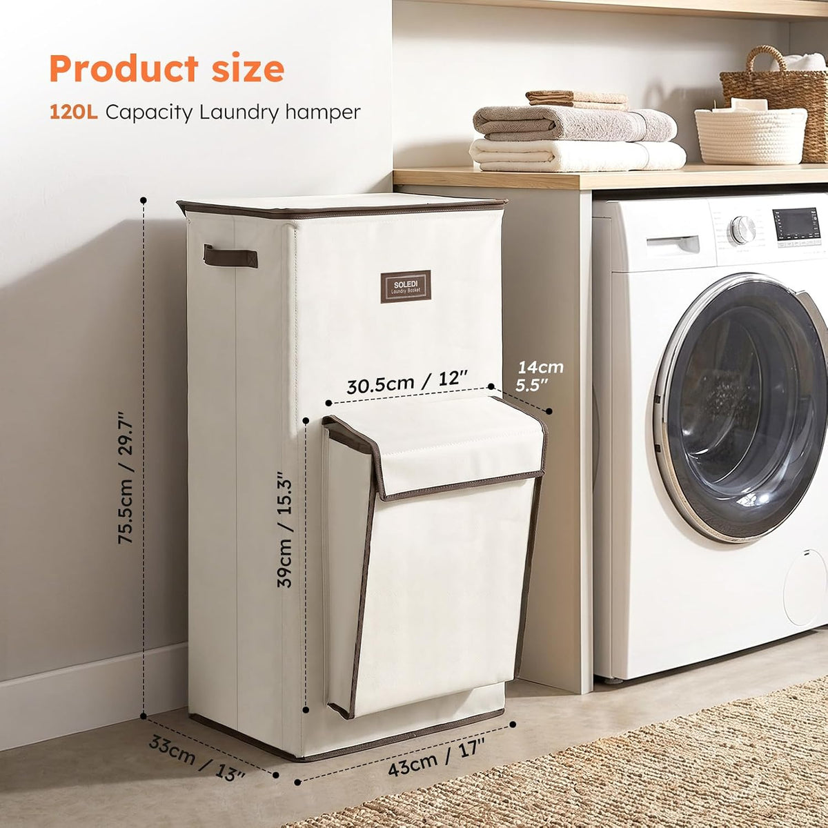 120L Large Laundry Hamper with Lid & Delicates Compartment, Clothes Hamper with Removable Liner Bag, Dirty Clothes Basket for Bedroom, Bathroom, Dorm, Apartment, Light beige
