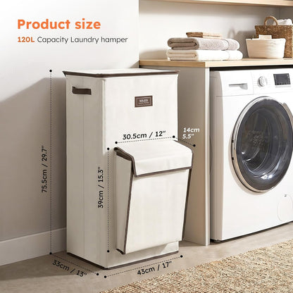 120L Large Laundry Hamper with Lid & Delicates Compartment, Clothes Hamper with Removable Liner Bag, Dirty Clothes Basket for Bedroom, Bathroom, Dorm, Apartment, Light beige