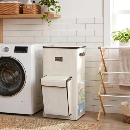 120L Large Laundry Hamper with Lid & Delicates Compartment, Clothes Hamper with Removable Liner Bag, Dirty Clothes Basket for Bedroom, Bathroom, Dorm, Apartment, Light beige