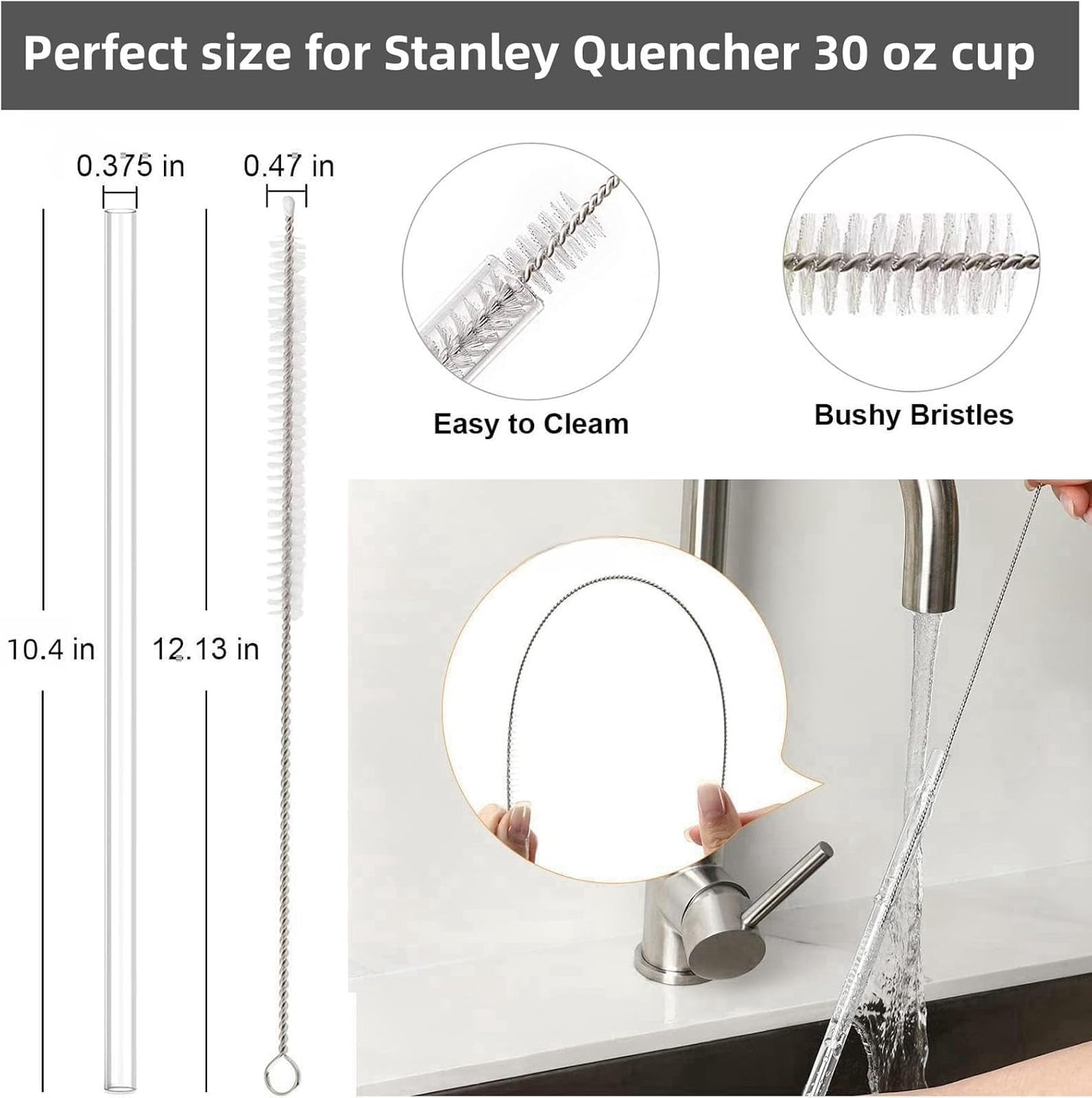 Replacement Straws for Stanley 30oz Tumbler, 10.4 Inch, 6-Pack | STANLEY Straw BPA-Free Reusable Clear Hard Straws with Brush - Dishwasher Safe No Plastic Taste for Home Office Travel Gym