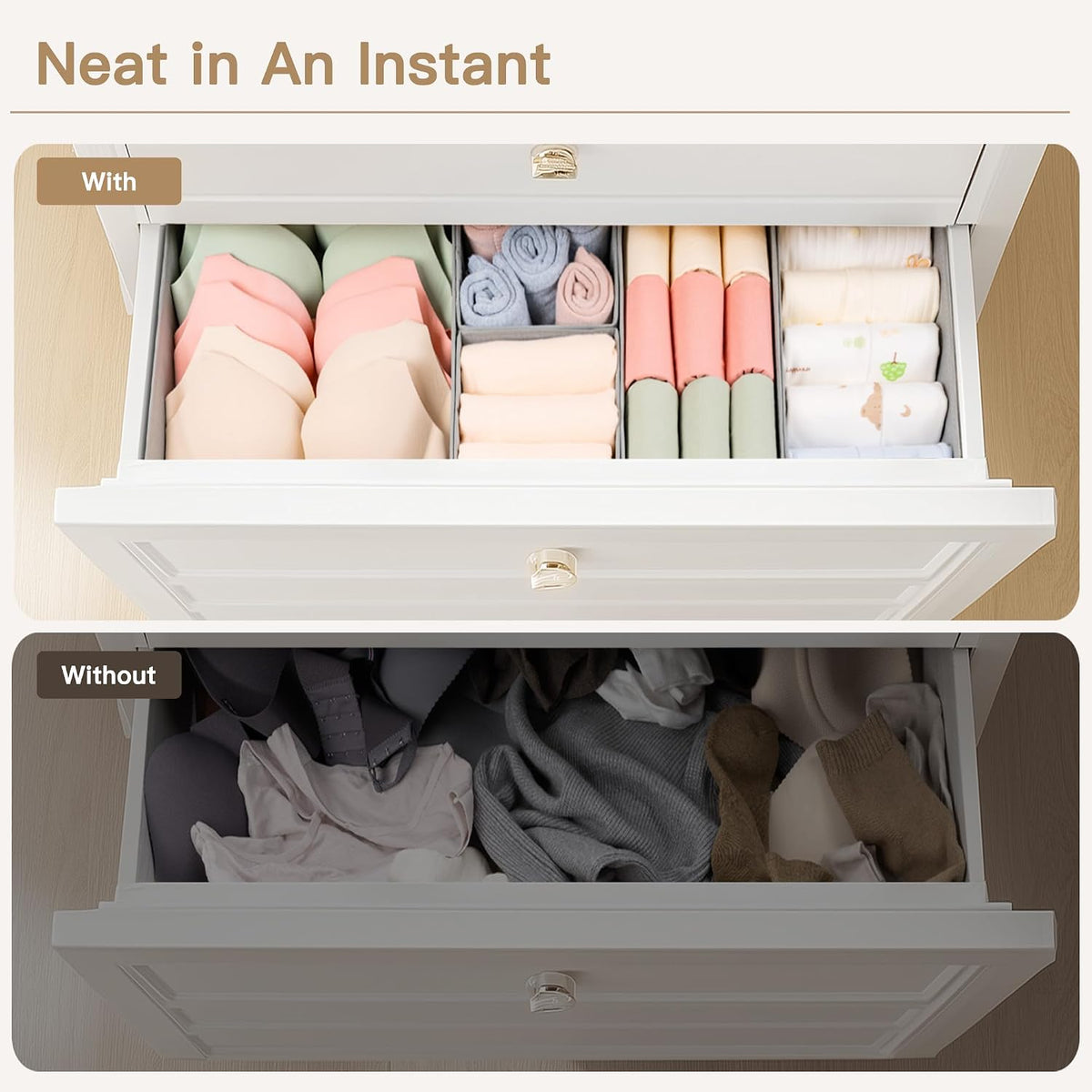 Drawer Organizer Clothes, Dresser Organizer for Baby Clothes, Underwear, Sock- Foldable Closet Organization and Storage Dividers Bins for Nursery, Bedroom and Dorm (Grey)