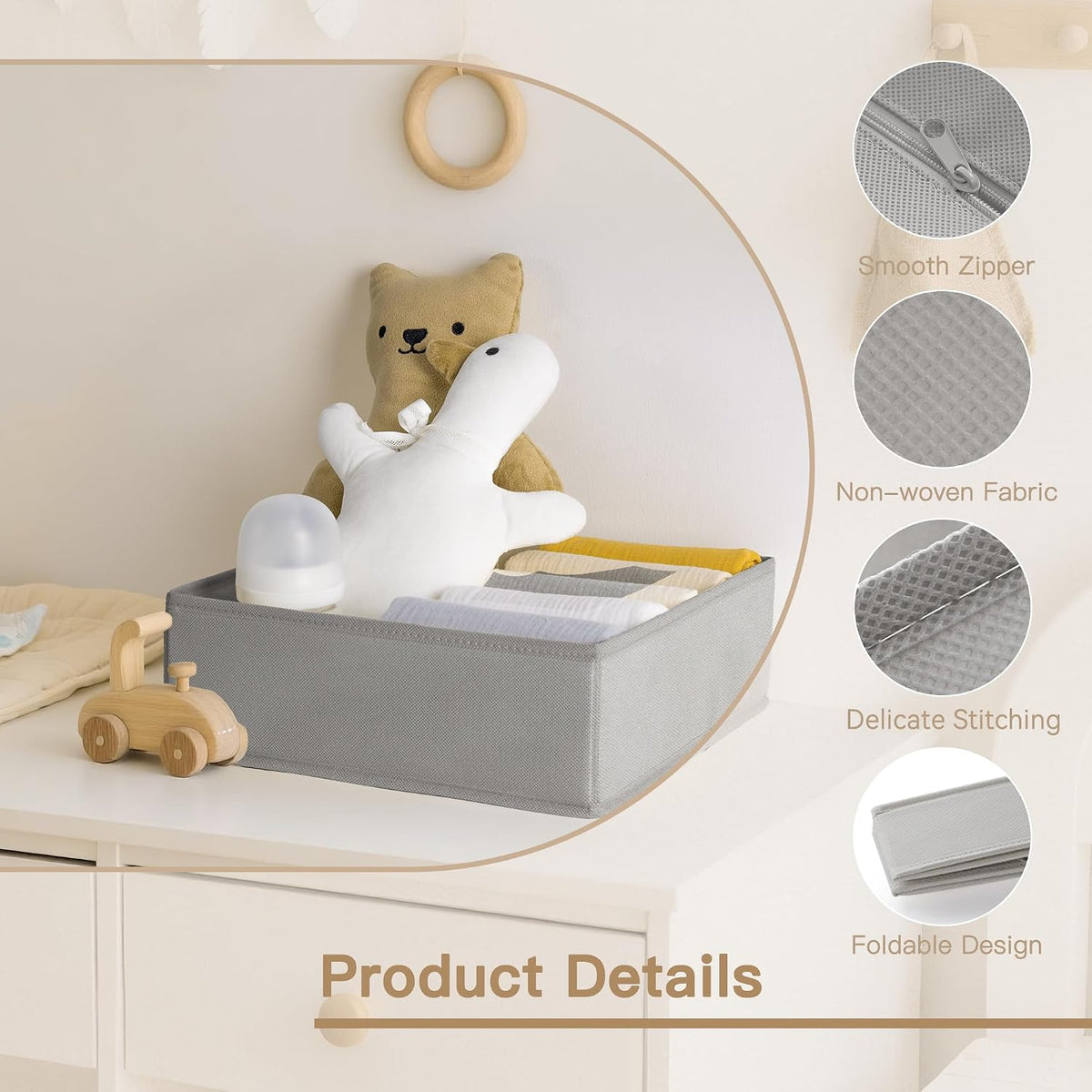 Drawer Organizer Clothes, Dresser Organizer for Baby Clothes, Underwear, Sock- Foldable Closet Organization and Storage Dividers Bins for Nursery, Bedroom and Dorm (Grey)