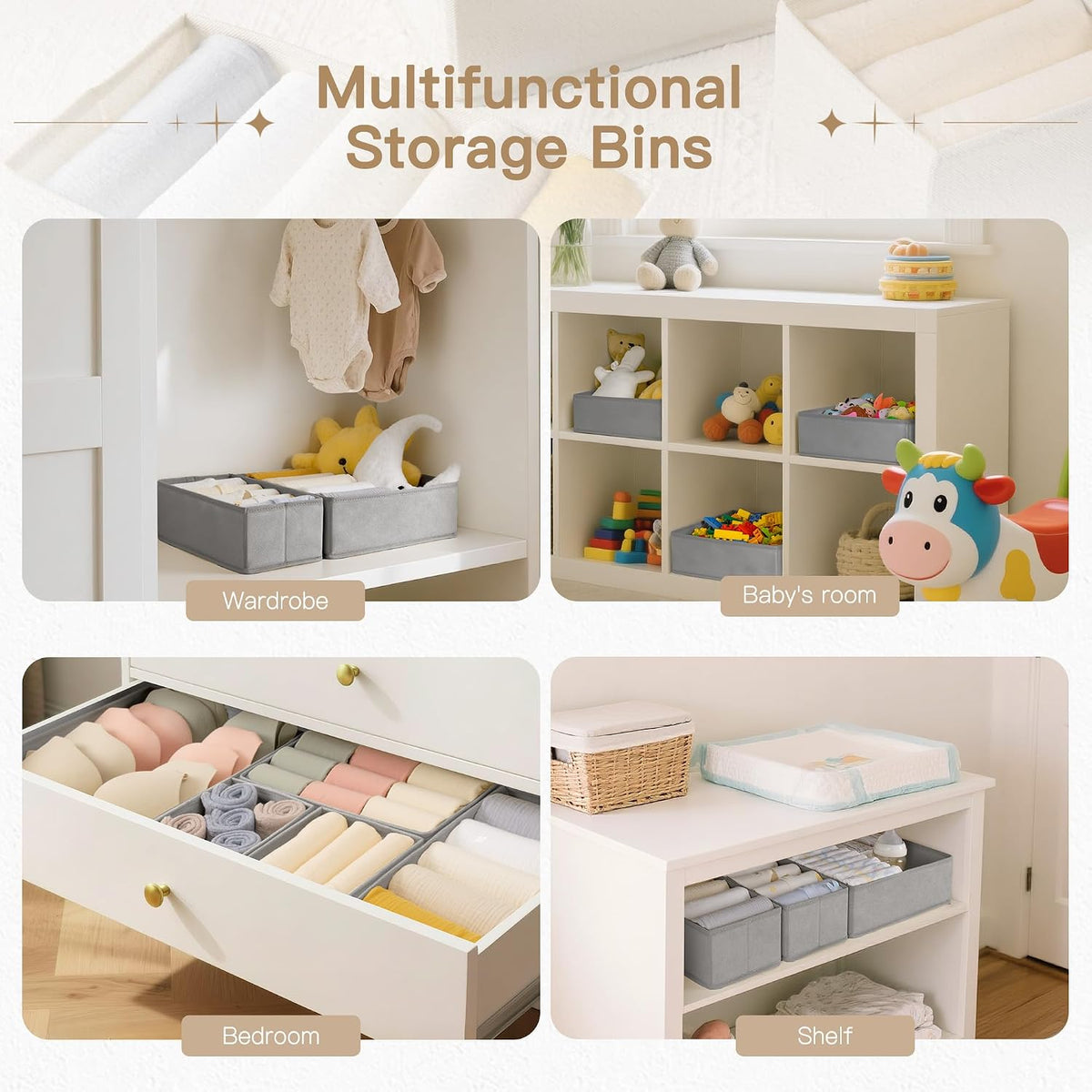 Drawer Organizer Clothes, Dresser Organizer for Baby Clothes, Underwear, Sock- Foldable Closet Organization and Storage Dividers Bins for Nursery, Bedroom and Dorm (Grey)