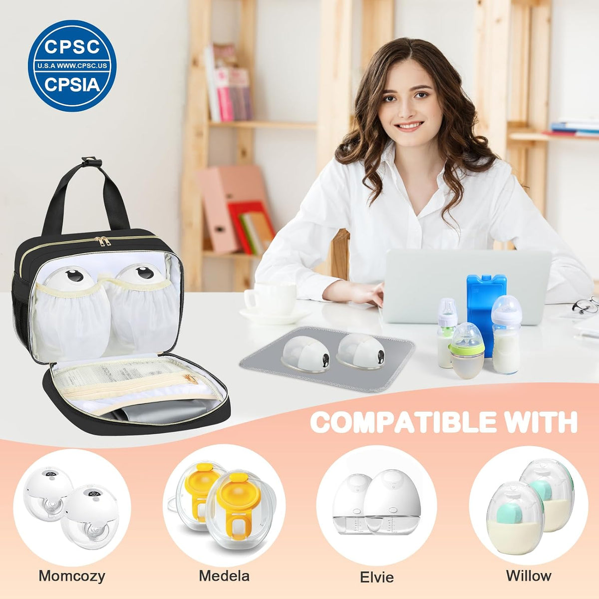 Breastmilk Cooler Travel Bag with Ice Pack, Insulated Bottle Bags with Luggage Strap, Compatible with Hands-Free Wearable Breast Pumps & Accessories, Portable Breast Pump Carrying Case for Working Mom