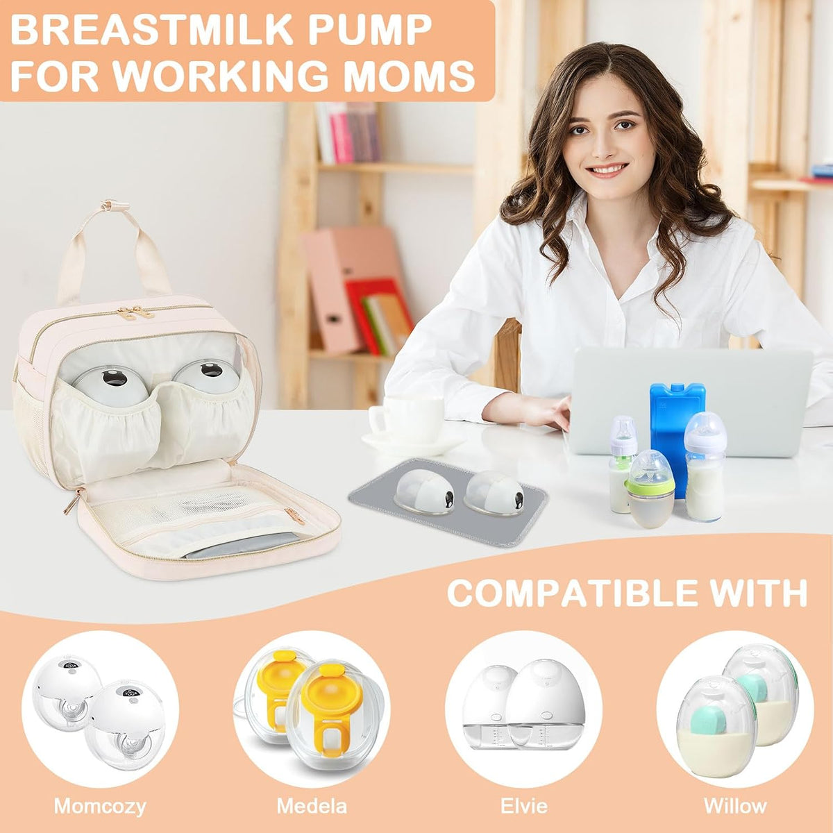 Breastmilk Cooler Travel Bag with Ice Pack, Insulated Bottle Bags with Luggage Strap, Compatible with Hands-Free Wearable Breast Pumps & Accessories, Portable Breast Pump Carrying Case for Working Mom