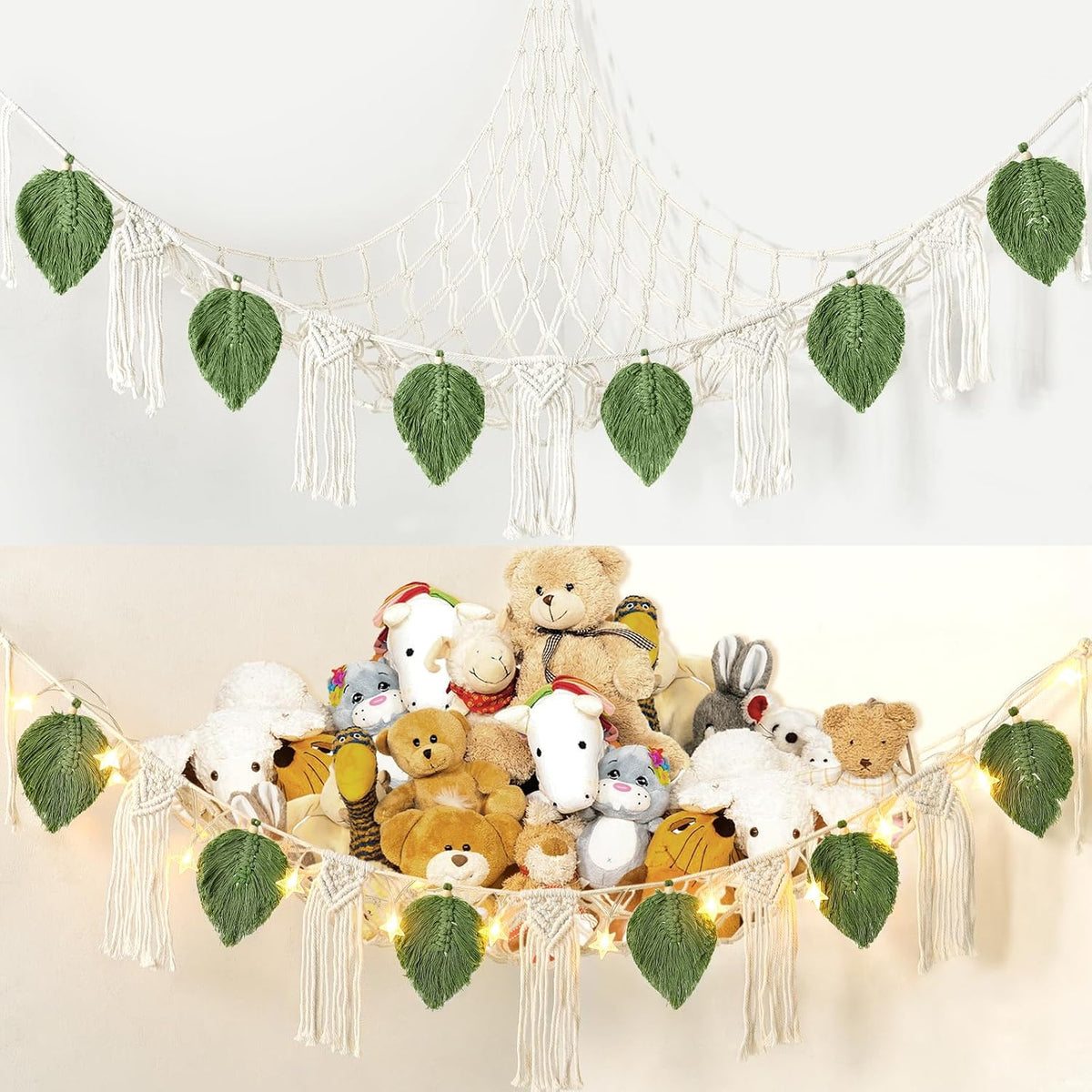 Stuffed Animal Toy Net Hammock with Star Light Boho Room Decor