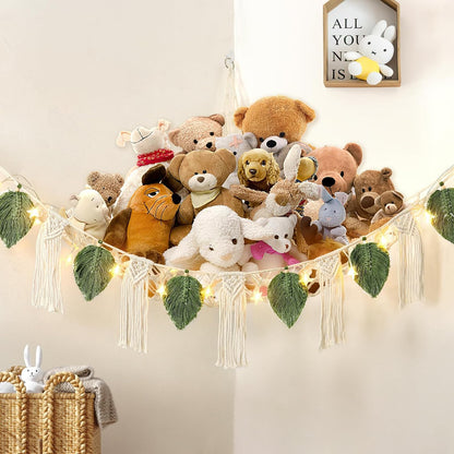 Stuffed Animal Toy Net Hammock with Star Light Boho Room Decor