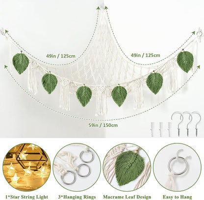 Stuffed Animal Toy Net Hammock with Star Light Boho Room Decor