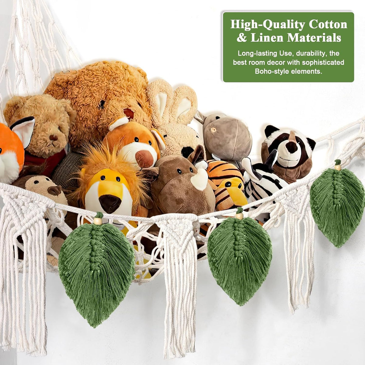 Stuffed Animal Toy Net Hammock with Star Light Boho Room Decor